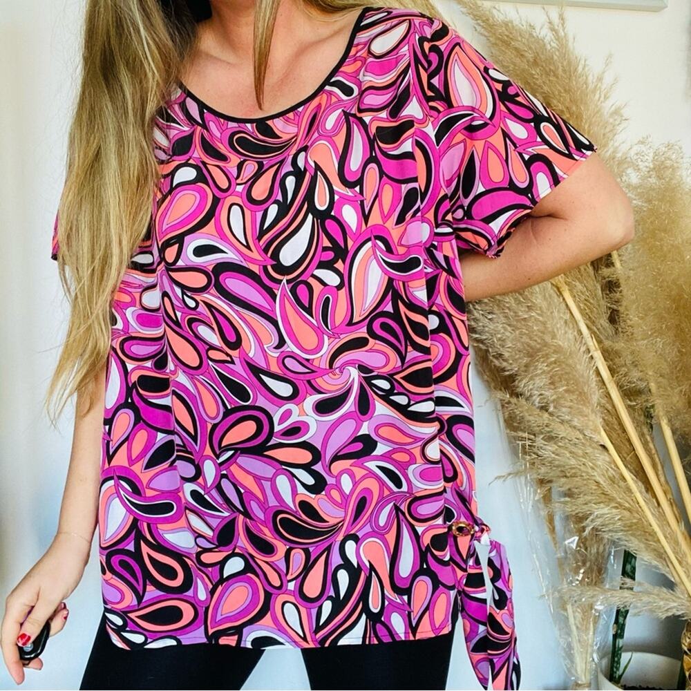 MICHAEL KORS Black Pink Print Side Tie Short Sleeve Tunic Blouse Top Shirt 3X